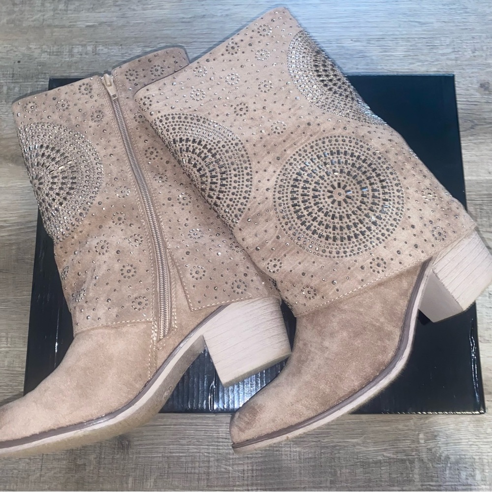 Pierre Dumas Beige Suede Studded Mid-Calf Boots